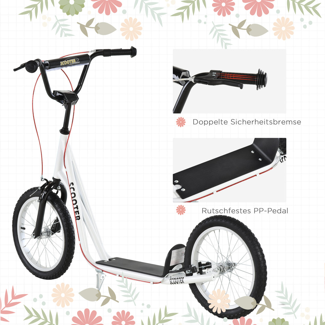 Børnescooter, sparkscooter, city scooter, sparkscooter, børnesparkbræt med pneumatiske dæk og håndbremse, scooter til børn, vandtæt, foldbar, fra 5 år, 16 tommer, hvid, 139 x 58 x 90-96 cm