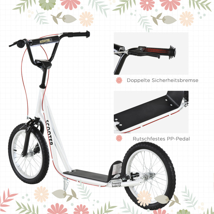 Børnescooter, sparkscooter, city scooter, sparkscooter, børnesparkbræt med pneumatiske dæk og håndbremse, scooter til børn, vandtæt, foldbar, fra 5 år, 16 tommer, hvid, 139 x 58 x 90-96 cm