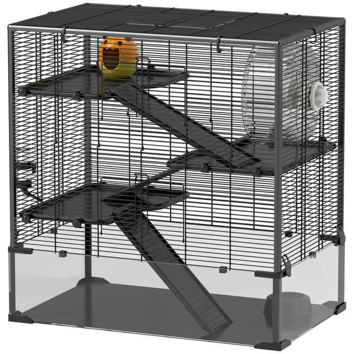 Hamsterbur med glasbund, 4-etagers hamsterbur med bur og tilbehør, 78,5l x 48,5b x 80h cm, sort