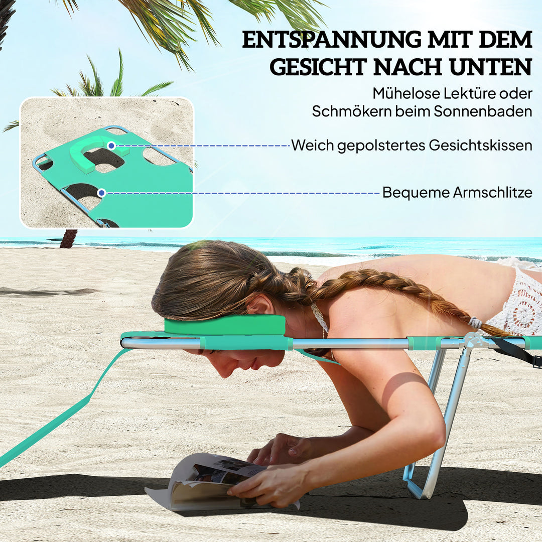 Havestol, liggestol med polstret ansigtsåbning, udendørs massagebord, sidelomme, stof, metal, grøn