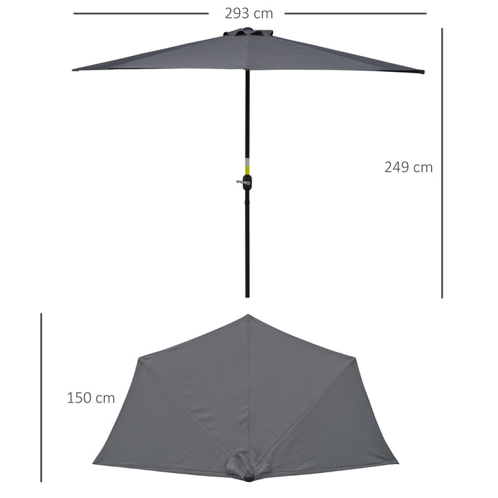 Parasol med håndsvingmekanisme, haveparasol, markedsparasol, metal, halvrund, grå og sort