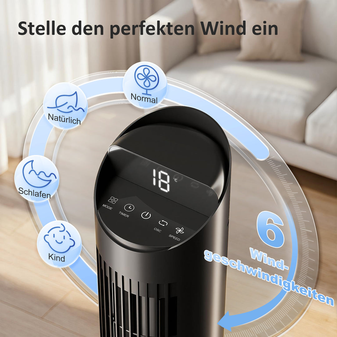 116 cm tårnventilator, standerventilator med fjernbetjening, WiFi-app-styring, 65° oscillation, 6 hastigheder, 4 tilstande