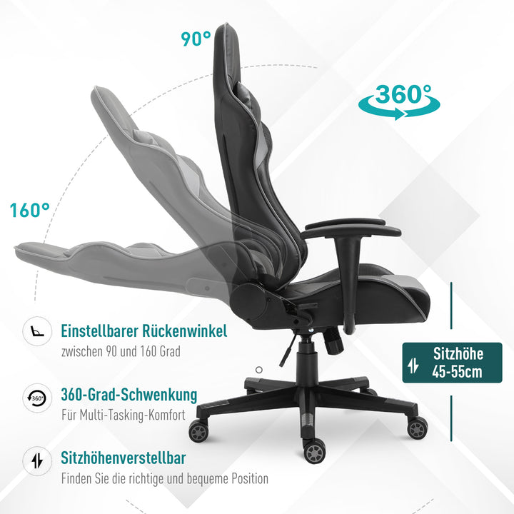Ergonomisk kontorstol, gamingstol, drejestol, kunstlæder, skum, sort, 67,5 x 74 x 126-136 cm