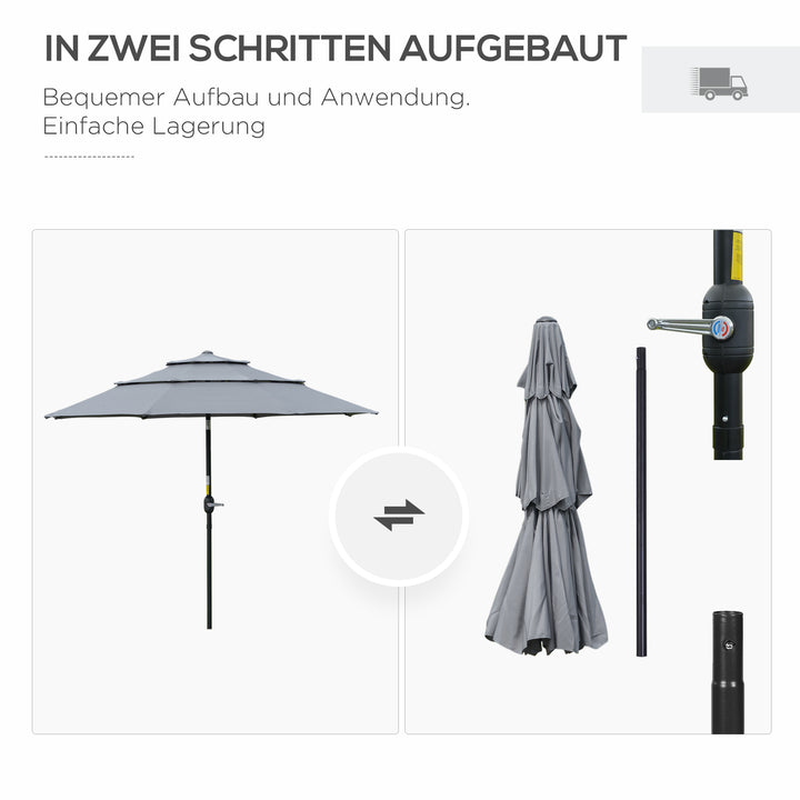 Parasol med 3-lags baldakin håndsving terrasseparasol drejelig markedsparasol 8 ribber haveparasol med solbeskyttelse, 2,6 m, stål, polyester, mørkegrå