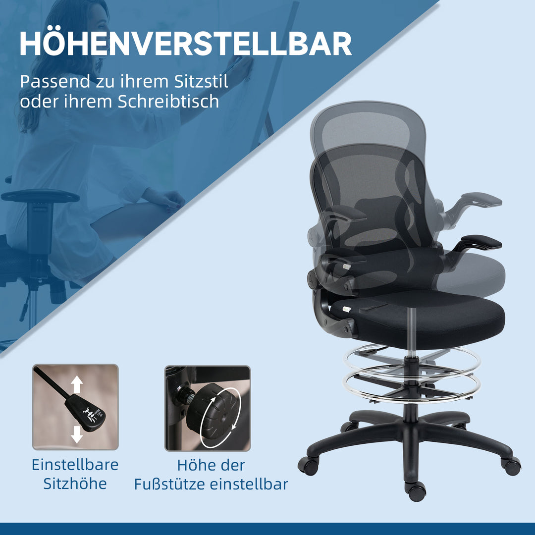 Tegnestol, højdejusterbar kontorstol, med fodstøtte, 59 cm x 65 cm x 122 cm, sort