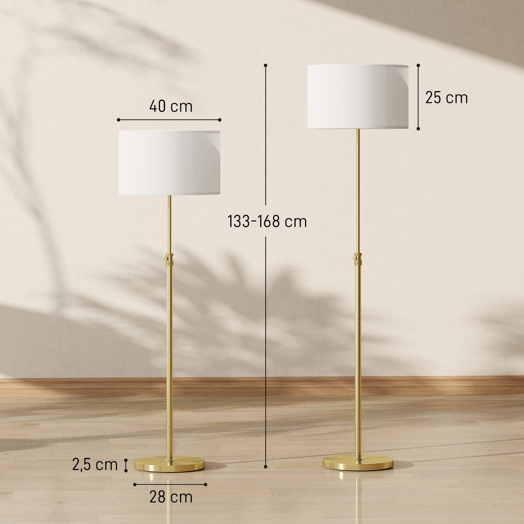 Gulvlampe med fjernbetjening, højdejusterbar, stofskærm, metalstativ, justerbar lysstyrke, fodkontakt, guldfarvet