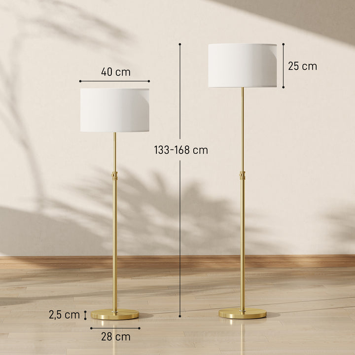 Gulvlampe med fjernbetjening, højdejusterbar, stofskærm, metalstativ, justerbar lysstyrke, fodkontakt, guldfarvet