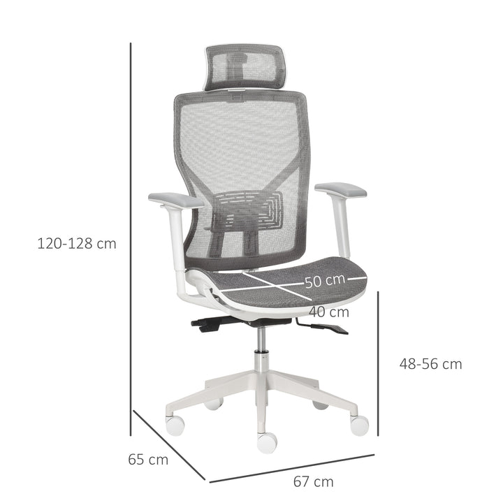 Kontorstol, skrivebordsstol, drejestol, gamingstol med nakkestøtte, lændehynde, 3d-armlæn, 3 niveauer, 360° drejelige hjul, højdejusterbar, ergonomisk, netstof, skum, grå, 67 x 65 x 120-128 cm