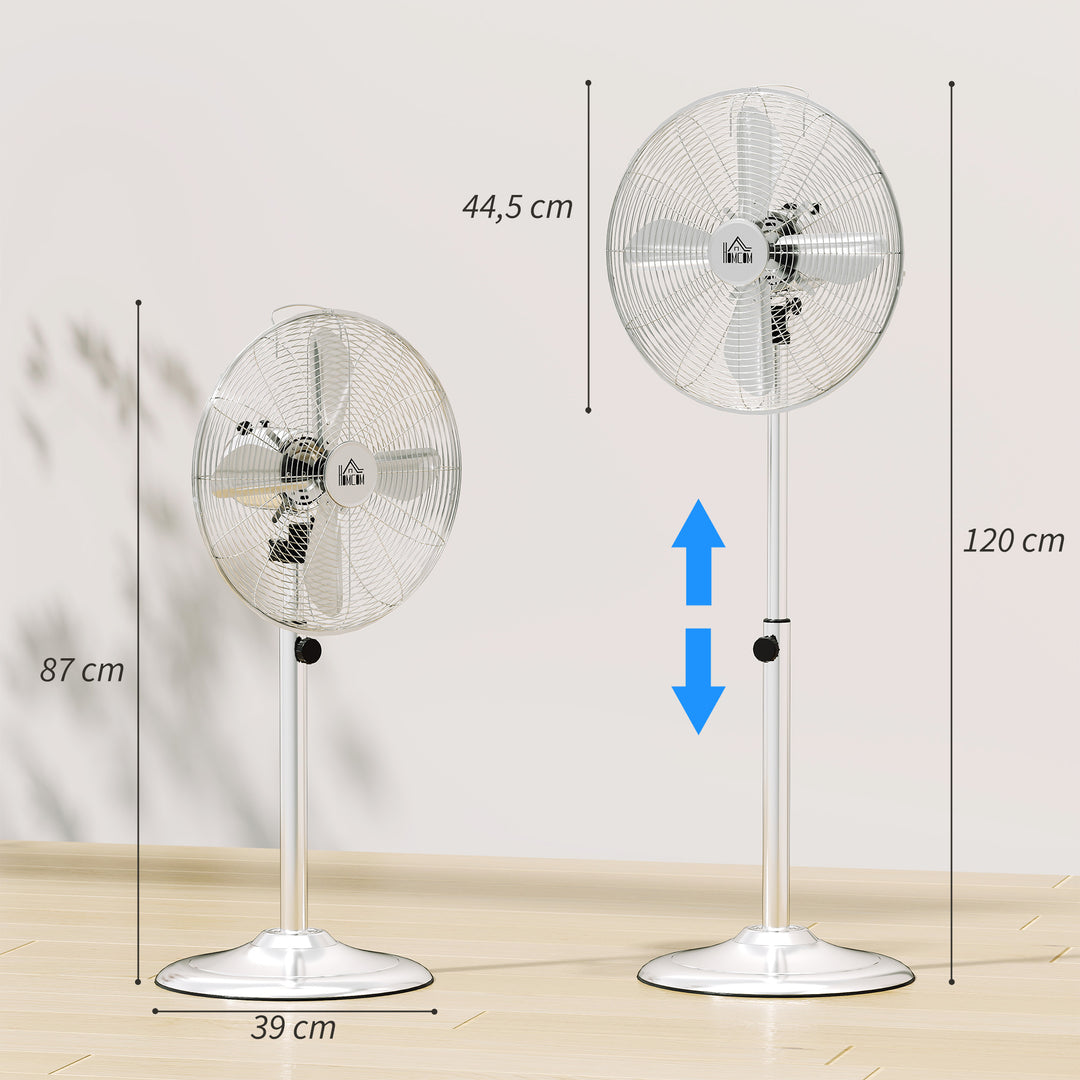 120 cm standerventilator, højdejusterbar ventilator, 3 hastighedsindstillinger, justerbar hældningsvinkel, stål, sølv