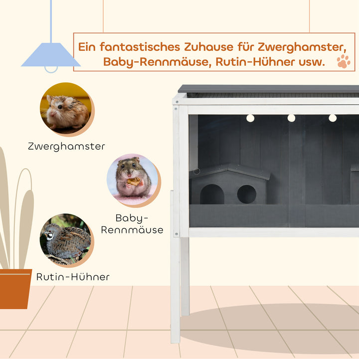 Hamsterbur, 3000 cm² dværghamsterbur lavet af træ og metal, med 2 hytter, skydedøre i akryl, stabil, sikker, grå+hvid