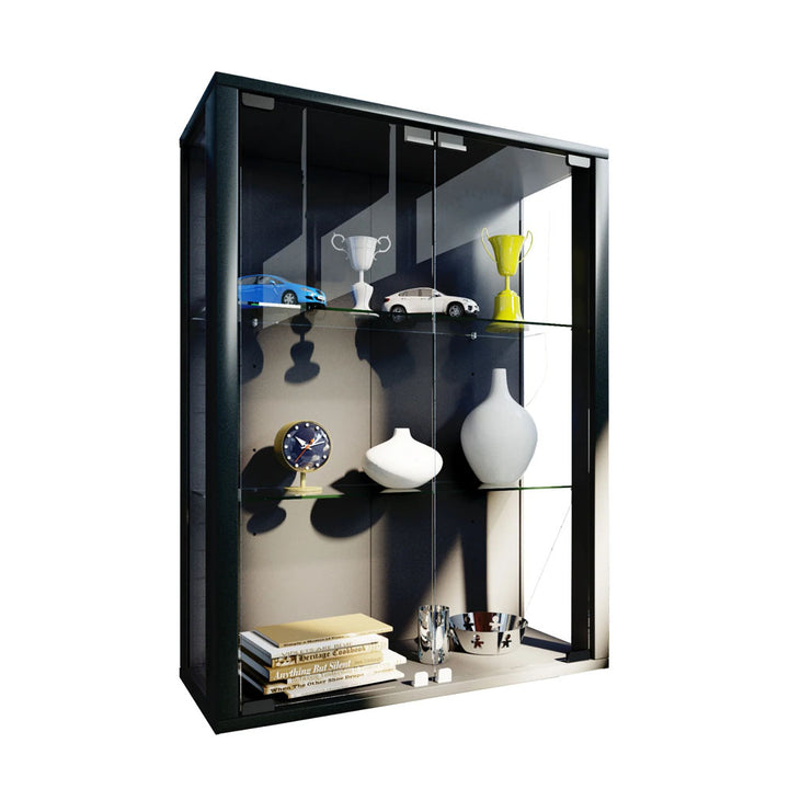Vægvitrineskab sort – 80x60x25 cm – ESG-sikkerhedsglas med 2 hylder