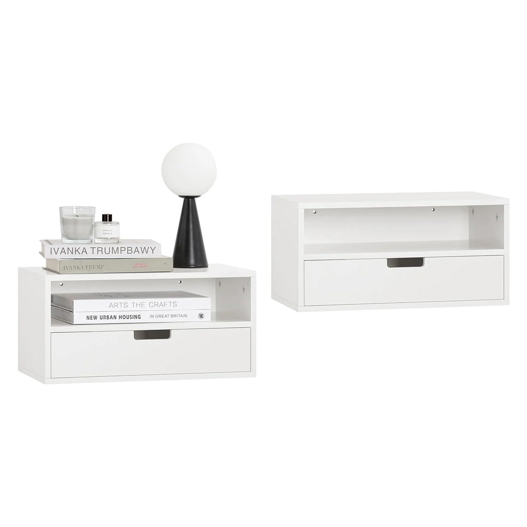 Sæt med 2 vægsengebord - pladsbesparende, skuffe og åbent rum, vægmonteret natbord, B45 x D25 x H22 cm, hvid