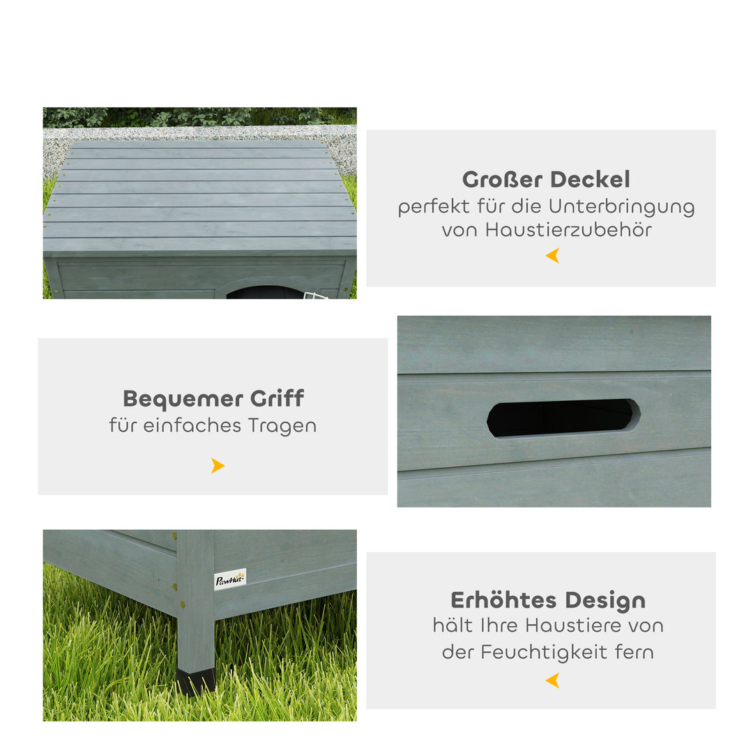 Hundehus, hundehus med dør, hundebur, kæledyrshus, grantræ, mørkegrå