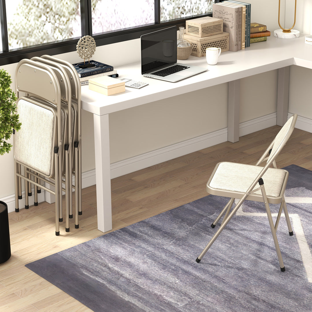 Sæt med 4 klapstole, bærbare kontorstole, stålben, klapstol til kontor, reception, venteværelse, beige linnedlook