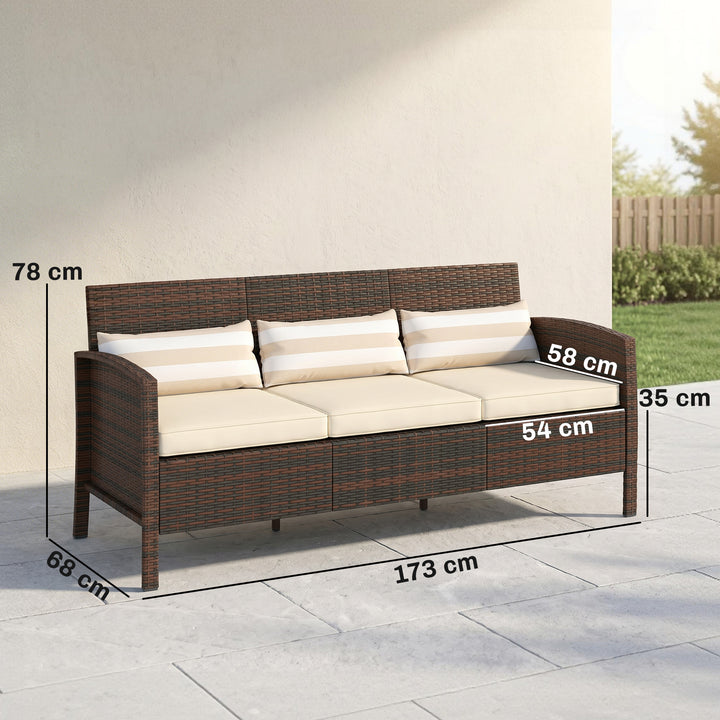 Rattan sofa med hynder, tre-personers, havelounge sofa, stål, brun, 173 x 68 x 78 cm