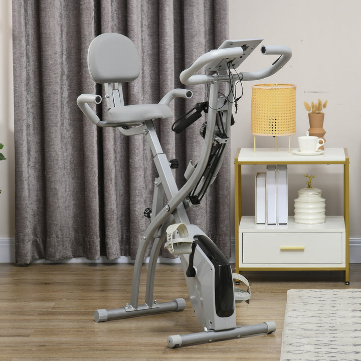 X-bike 2-i-1 motionscykel med lcd-skærm, pulsmåler, foldbar motionscykel med 8 niveauer af magnetisk modstand, 1 par spændereb, stålgrå 105 x 48 x 118 cm