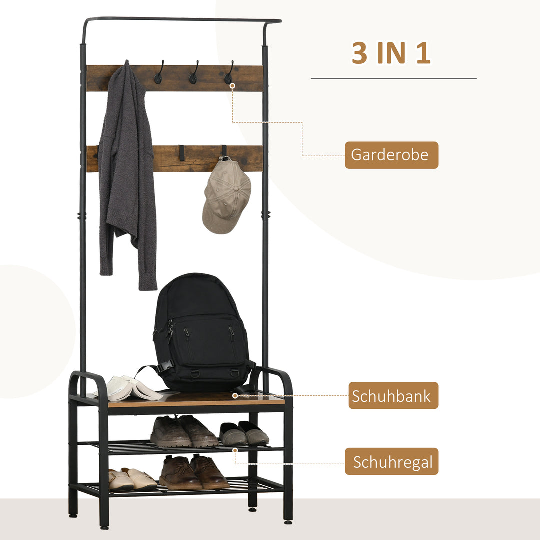 Knagerække skohylde tøjstativ med 8 knager 2 hylder mdf sort 72 x 34 x 185 cm