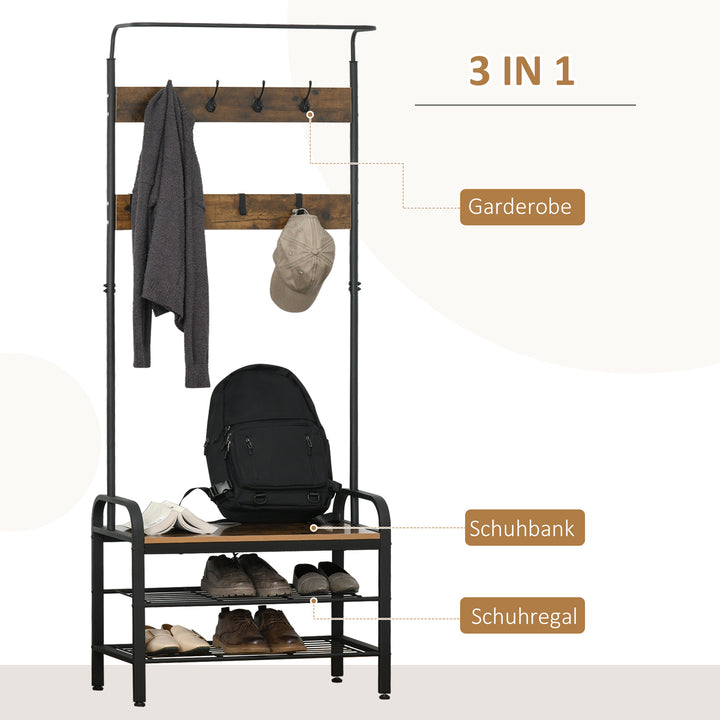 Knagerække skohylde tøjstativ med 8 knager 2 hylder mdf sort 72 x 34 x 185 cm