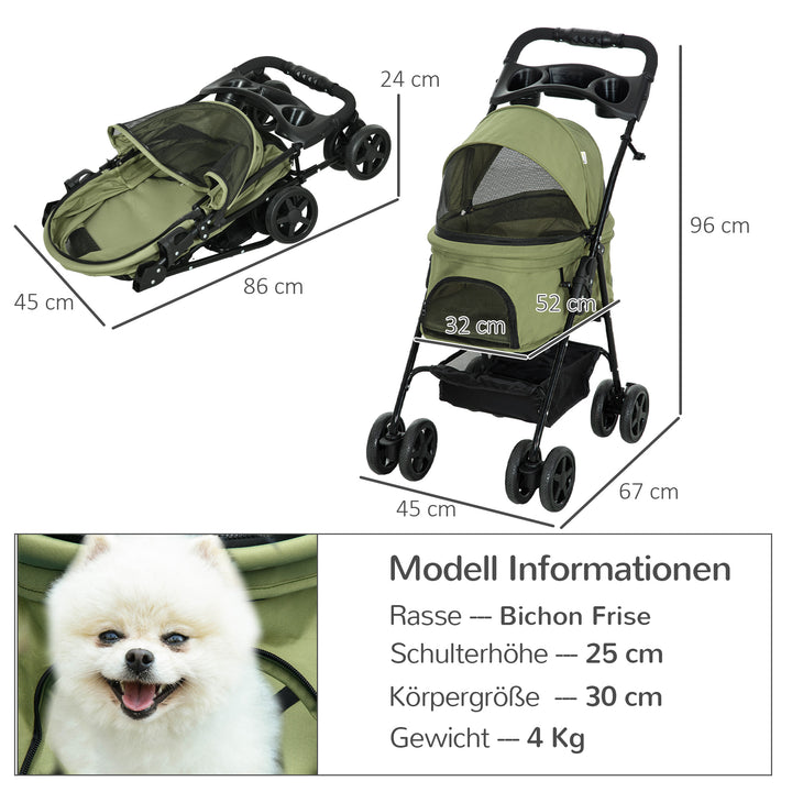 Hundeklapvogn/hundevogn, foldbar, med 2 sikkerhedssnore og 2 kopholdere, 67 x 45 x 96 cm, khaki