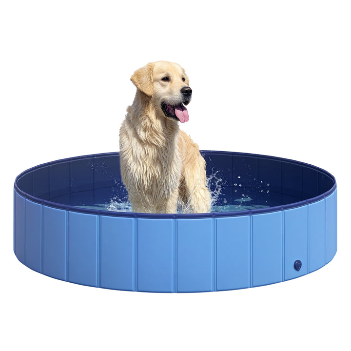 Sammenklappeligt hundebadekar, hundepool, swimmingpool, børnepool, badekar til hunde og katte, vandbassin af plastik og træ, Ø140 x H30 cm, blå