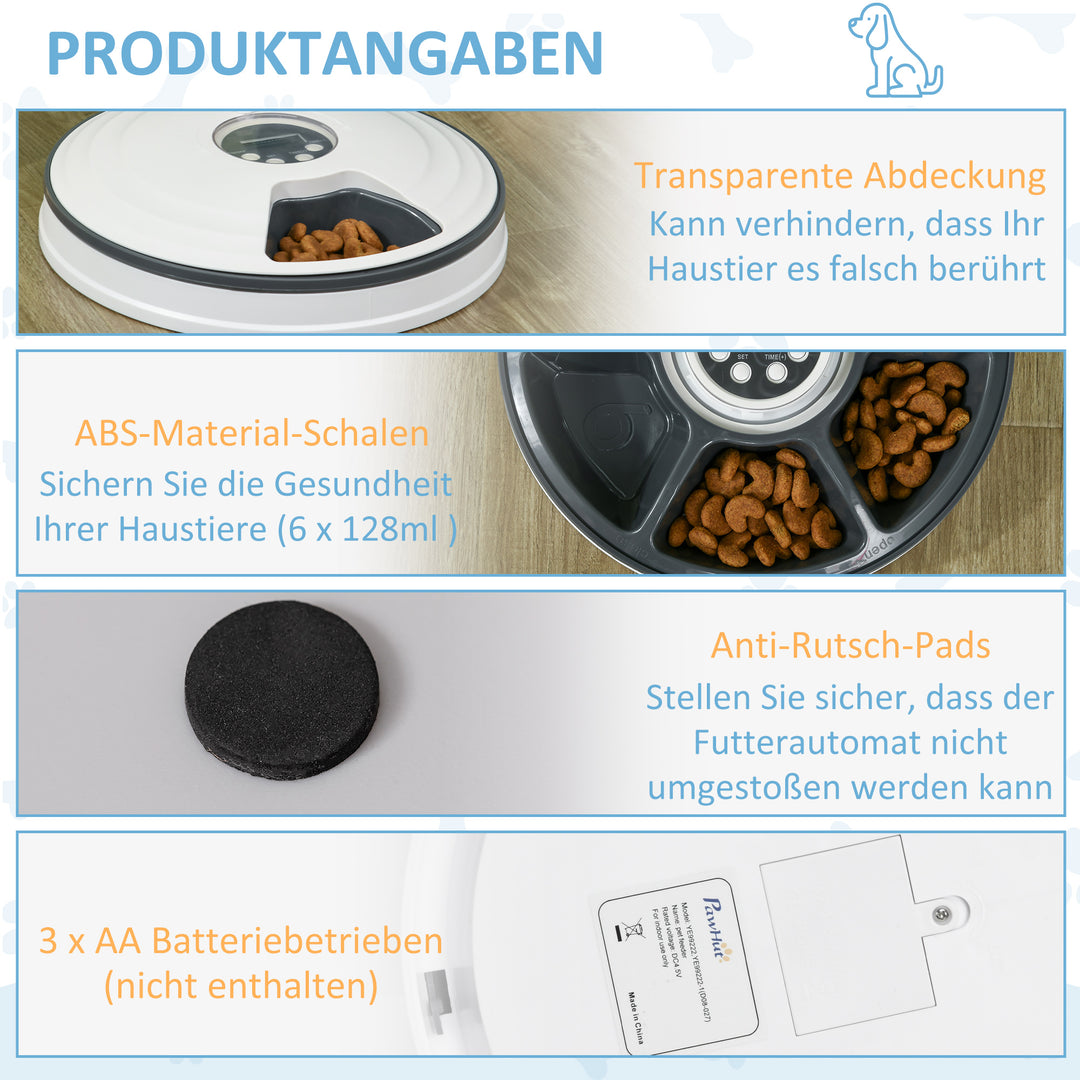 Automatisk kattefoderautomat vådfoder kattefoder med led-display, programmerbar timer, 6 foderrum til 70 g tørfoder hver 4 måltider automatisk foderautomat til hunde katte