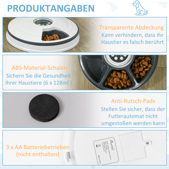 Automatisk kattefoderautomat vådfoder kattefoder med led-display, programmerbar timer, 6 foderrum til 70 g tørfoder hver 4 måltider automatisk foderautomat til hunde katte