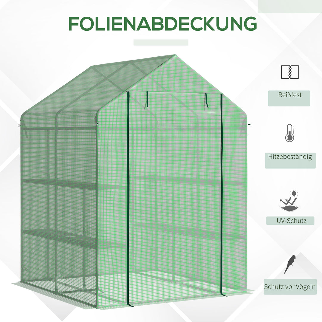 Plastikdrivhus, walk-in drivhus med 8 hylder, tomatdrivhus, drivhus, kold ramme med dør, grøn stål, pe-plast, 143 x 138 x 195 cm