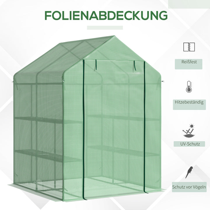 Plastikdrivhus, walk-in drivhus med 8 hylder, tomatdrivhus, drivhus, kold ramme med dør, grøn stål, pe-plast, 143 x 138 x 195 cm