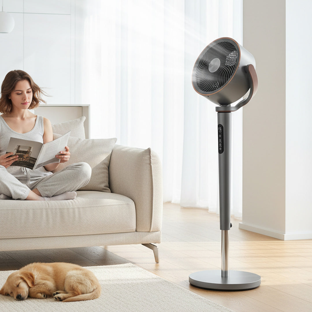 Sokkelventilator, luftcirkulator, ventilator med 12 hastighedsindstillinger, LED-display, fjernbetjening, 70°+90° oscillation, grå