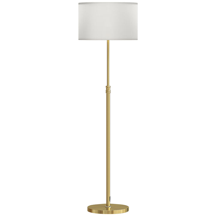 Gulvlampe med fjernbetjening, højdejusterbar, stofskærm, metalstativ, justerbar lysstyrke, fodkontakt, guldfarvet