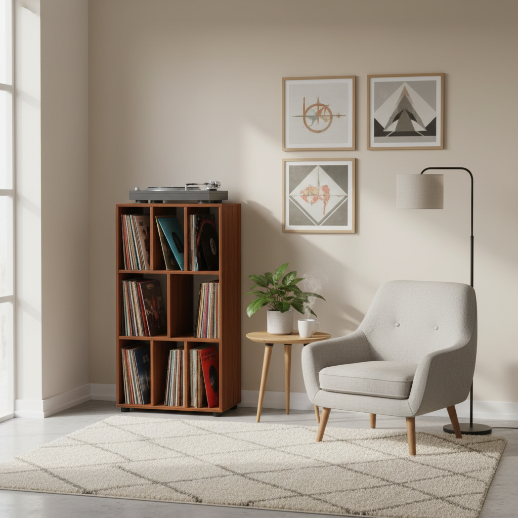 Vinylreol til 250 LP'er, 115 x 60 x 34 cm, brun