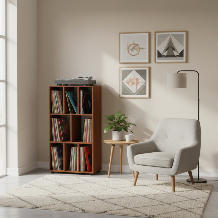 Vinylreol til 250 LP'er, 115 x 60 x 34 cm, brun