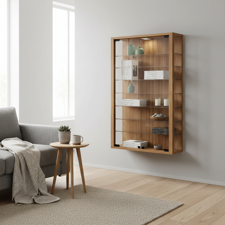 Vægvitrineskab med 8 hylder, brun
