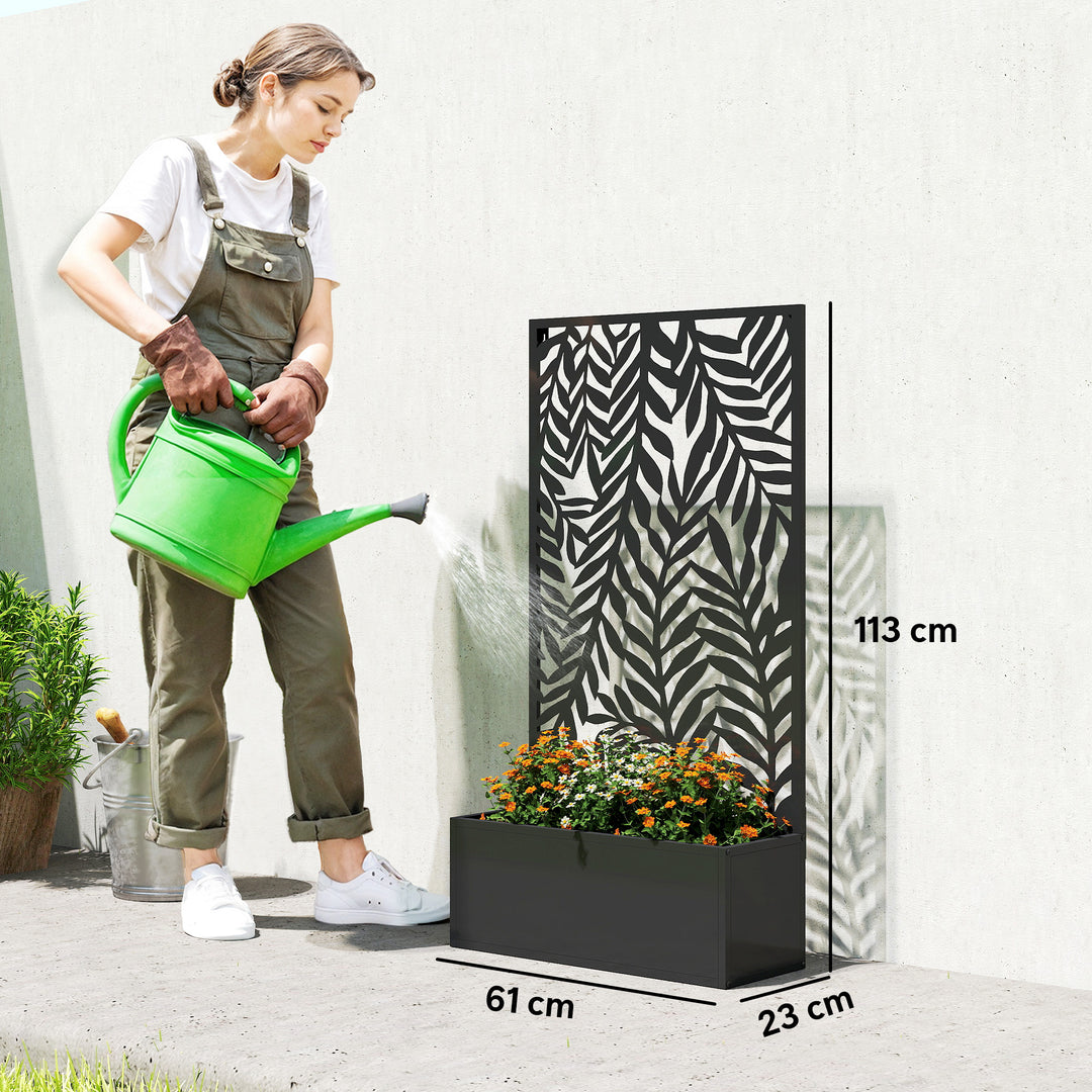 Blomsterkasse med afskærmning, plantekasse med espalier og tropiske bladmotiver, 61 x 23 x 113 cm, sort
