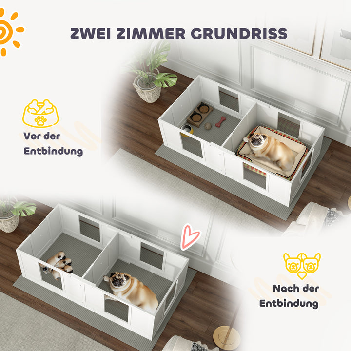 Hvalpekasse til hunde, med klare paneler, design med 2 rum, til små hunde