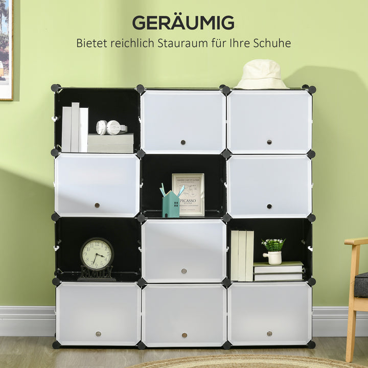 Modulært reolsystem, indstiksreol, samlet af 12 kuber 125 x 32 x 125 cm, plast + stål sort