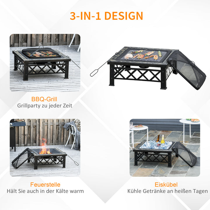 3-i-1 bålfad/bålsted med gnistnet, grillrist og isspand - Havegrill - Sort - 76 cm x 76 cm x 47 cm