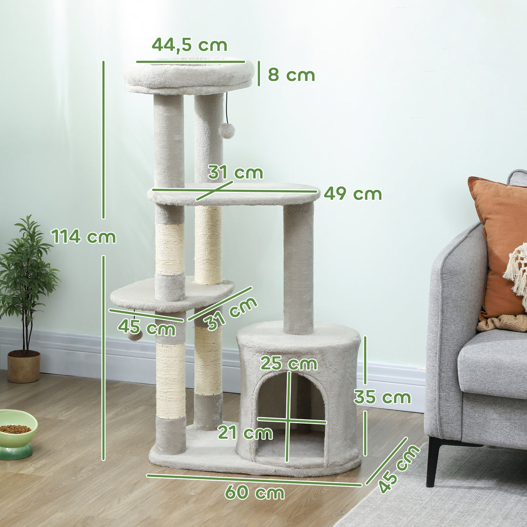 Kradsetræ 114 cm kattetårn med hule, sisalstolper, platform, flere etager til mellemstore katte under 6 kg, lysegrå