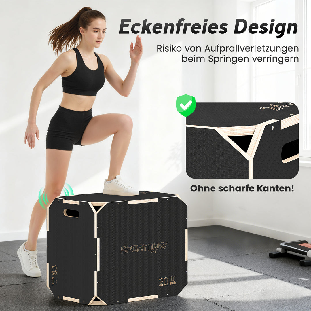 3-i-1 Plyo Box, hoppeboks med håndtagsåbninger, til hjemmefitness og udendørs træning, 3 hoppehøjder, træ, sort