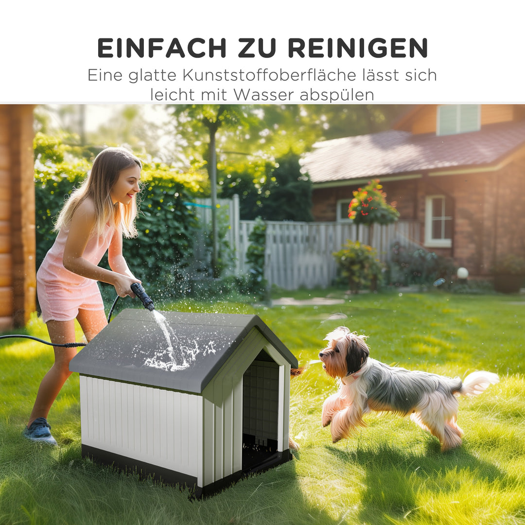 Hundehus, vejrbestandigt, vindue og dør, til små hunde op til 10 kg/40 cm længde, 62x61x60 cm, grå/hvid