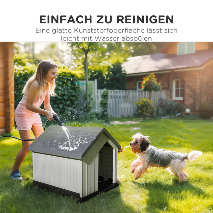 Hundehus, vejrbestandigt, vindue og dør, til små hunde op til 10 kg/40 cm længde, 62x61x60 cm, grå/hvid