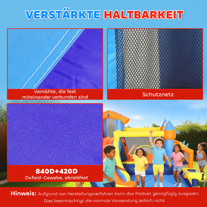 8-i-1 oppusteligt slot med blæser, rutsjebane, børnebassin, trampolin og klatrevæg til indendørs og udendørs brug, 350x325x210cm, flerfarvet