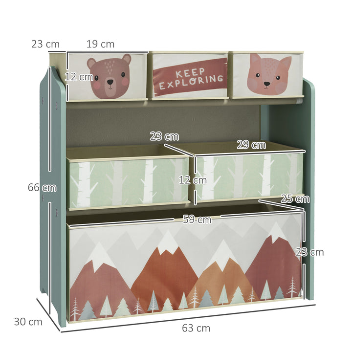 Zonekiz børnegarderobe med 6 stofkasser, sødt motiv, 63x30x66 cm, grøn