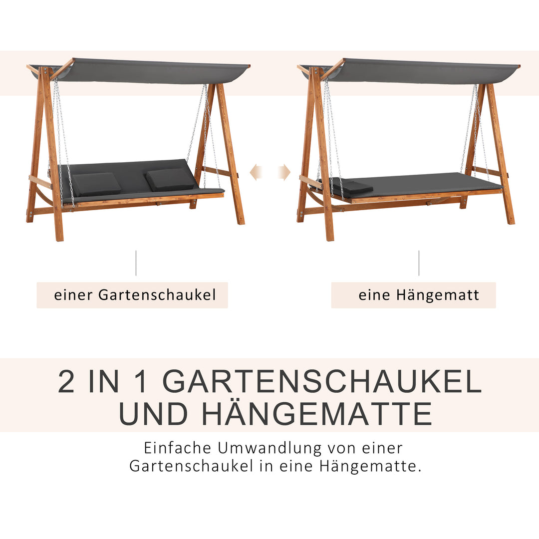Hollywood gynge med sengefunktion, 3-personers havegynge, lærketræ med justerbar solskærm, 225,5 x 130 x 180 cm