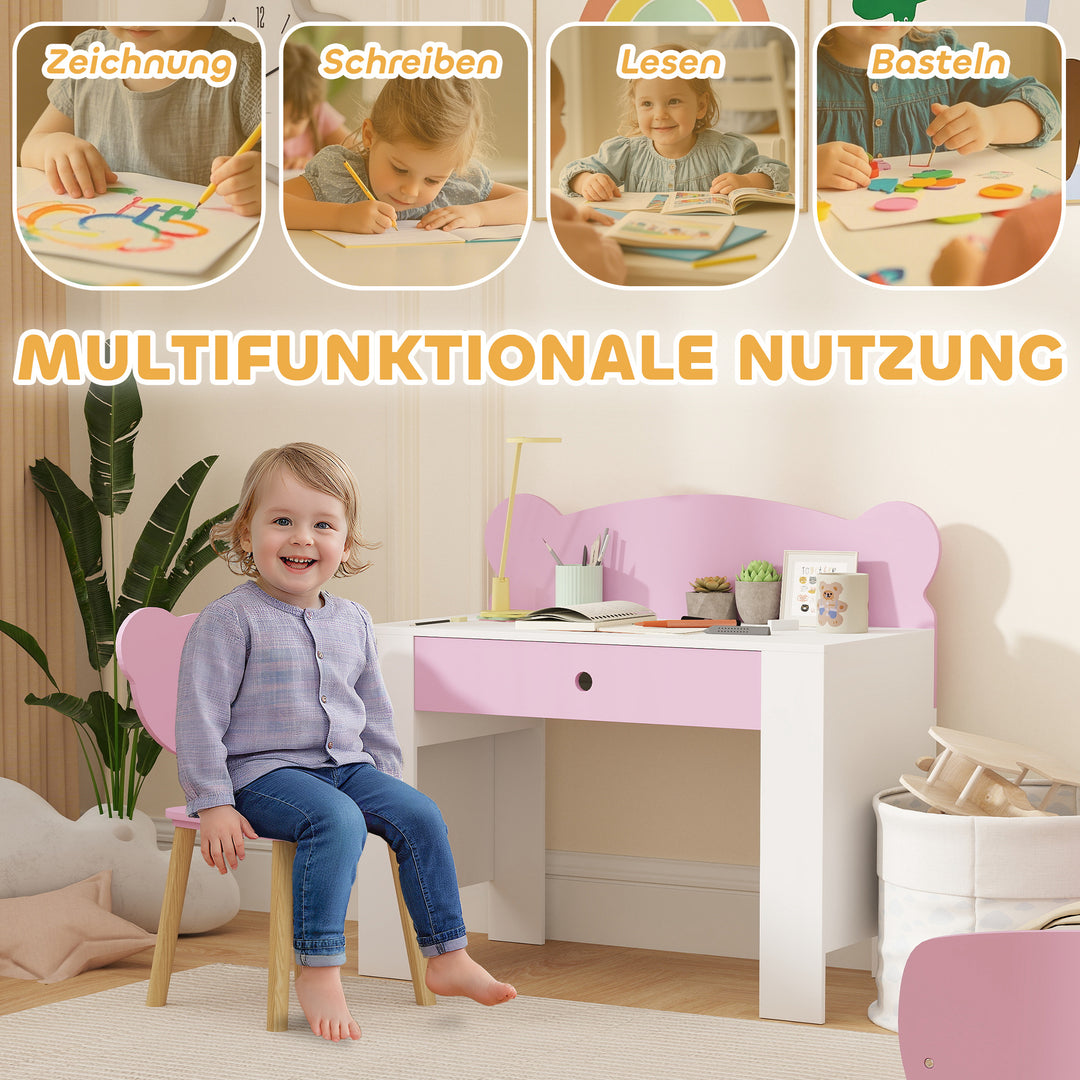 Børne skrivebordssæt, bjørneformet skrivebord og stol med skuffe, til skrivning og kreativitet, alder 3-8, pink