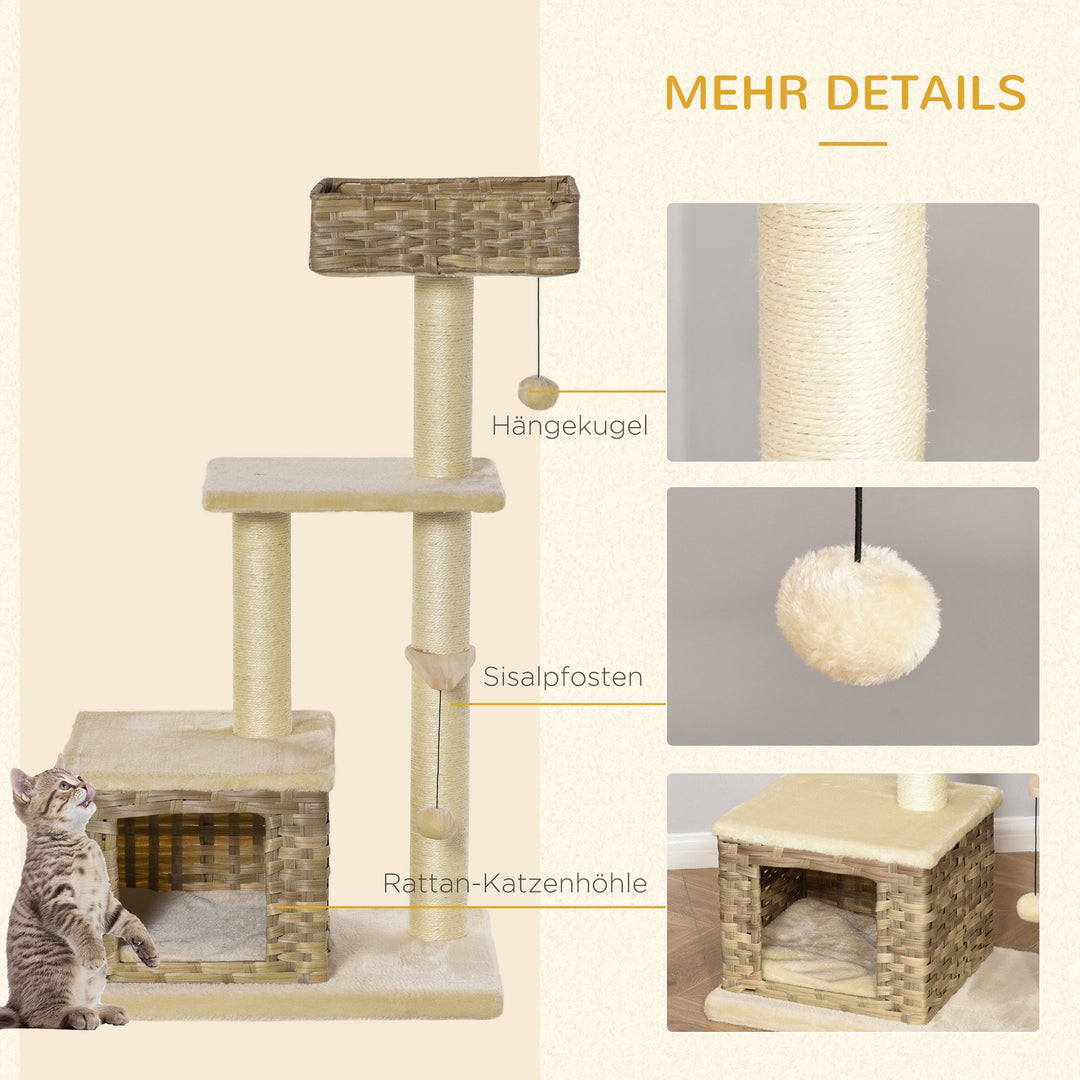 Rattan kradsetræ til katte, kradsetræ til killinger med kattehulebold, sisal, blødt plys, pe, højde 108 cm, brun+beige