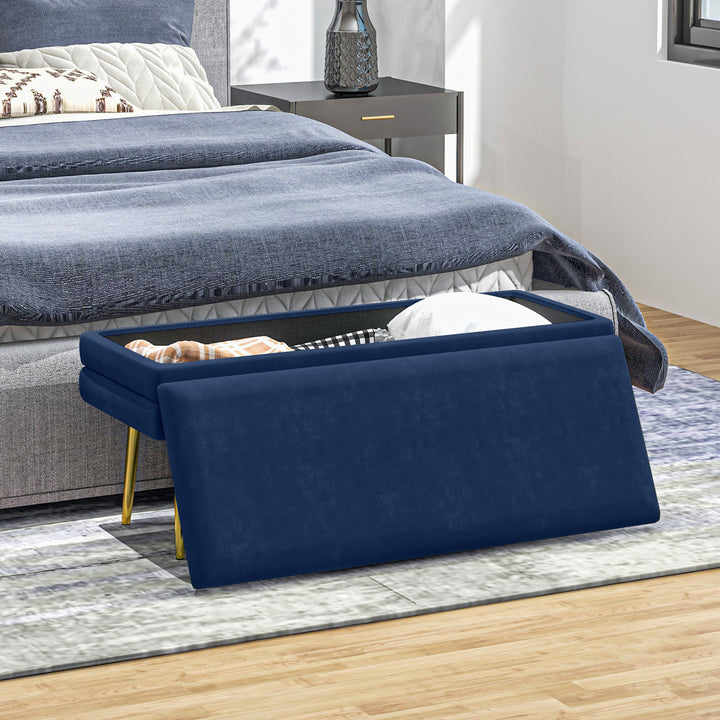 Polstret bænk med opbevaring, stål, 100 cm x 37,5 cm x 42 cm, blå