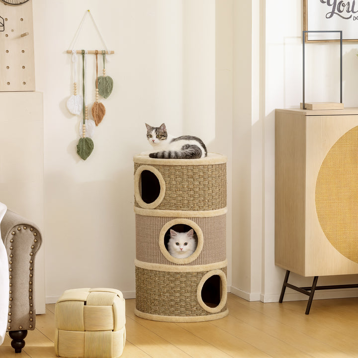 Kradsetønde, 79 cm høj, Ø45 cm, tre-etagers kattetønde med sisalreb, kattehule, til store katte, khaki+brun