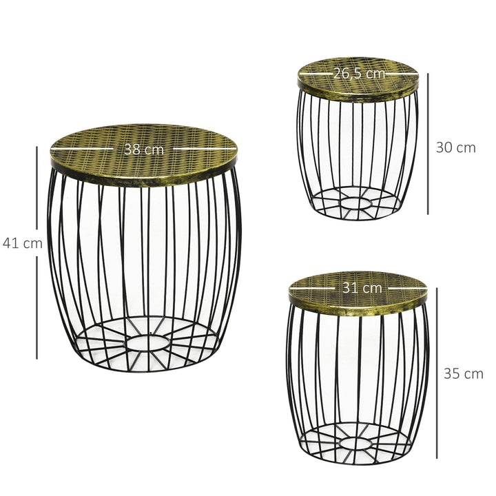 Sæt med 3 sofaborde, sideborde, havebord, retro metalkurv, trådkurv, haveindskudsborde, havemøbler, udendørs balkon, metal, naturlig + sort, 3 størrelser