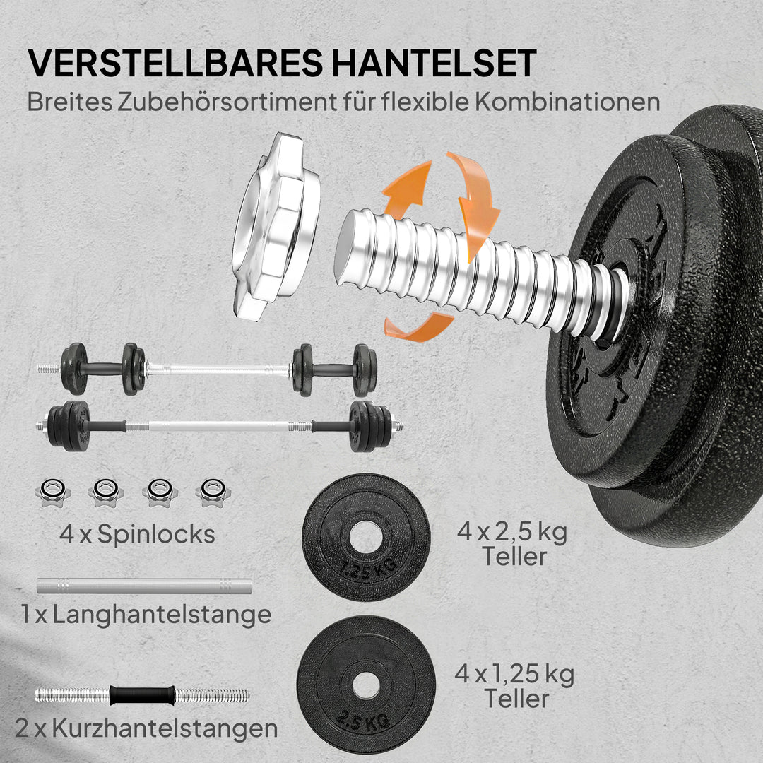 2-i-1 håndvægtsæt: Håndvægte og vægtstænger, justerbare op til 20 kg, med skridsikkert greb til styrketræning derhjemme, grå